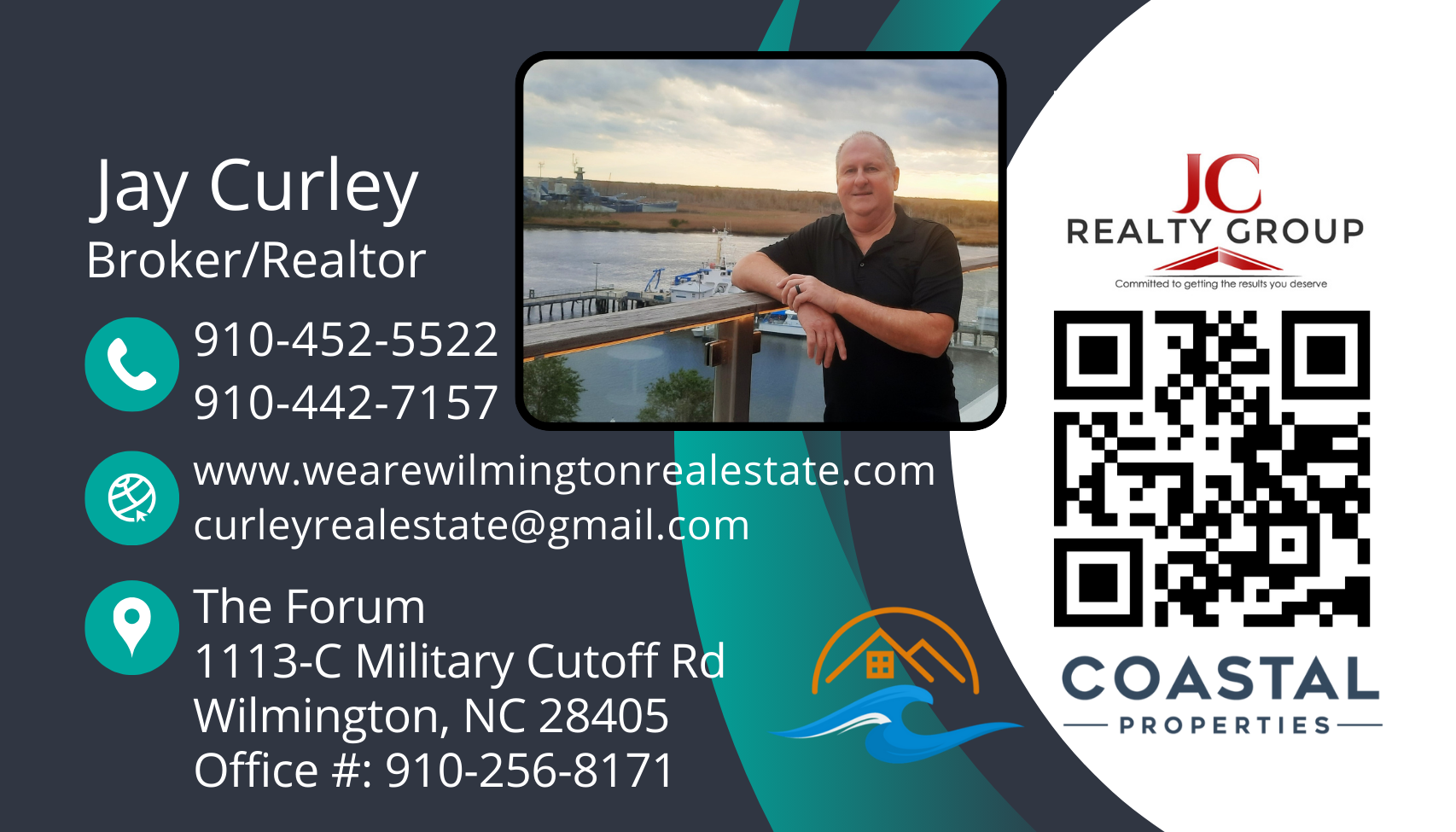 Business card for real estate broker Jay Curley, featuring contact information, QR code, and a photo of the broker by a waterfront.